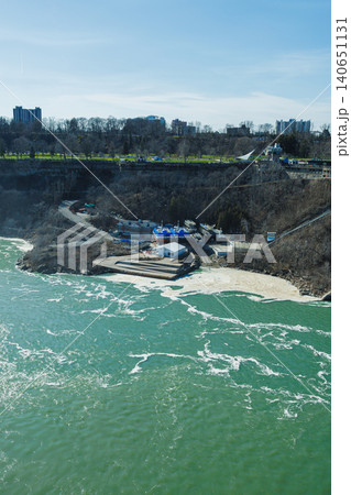 People enjoy activities near the water at Niagara Falls while observing the flowing water and natural beauty during a clear sunny day People enjoy activities near the water at Niagara Falls while observing the flowing water and natural beauty during a clear sunny day 140651131