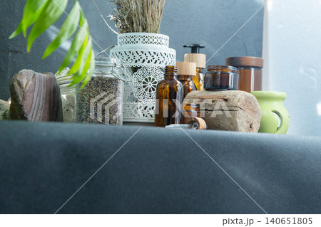 Scented candles and jars with essential oil. Dried lavender. Aromatherapy 140651805