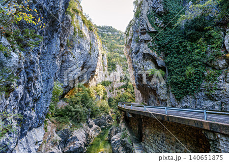 Driving through the Foz de Binies canyon in the Aragon Pyrenees. Spain. Europe. Driving through the Foz de Binies canyon in the Aragon Pyrenees. Spain. Europe. 140651875