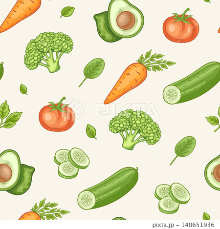 Seamless pattern with organic food, vegetables and green leaves. Seamless pattern with organic food, vegetables and green leaves. 140651936
