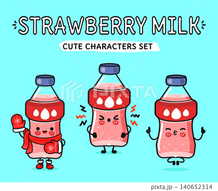 Strawberry milk bottle cute characters set expressing emotions Strawberry milk bottle cute characters set expressing emotions 140652314