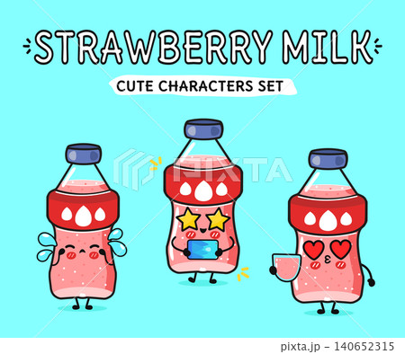 Strawberry milk bottle cute characters set expressing emotions Strawberry milk bottle cute characters set expressing emotions 140652315