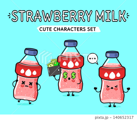 Cute strawberry milk bottle characters expressing emotions and money concept 140652317