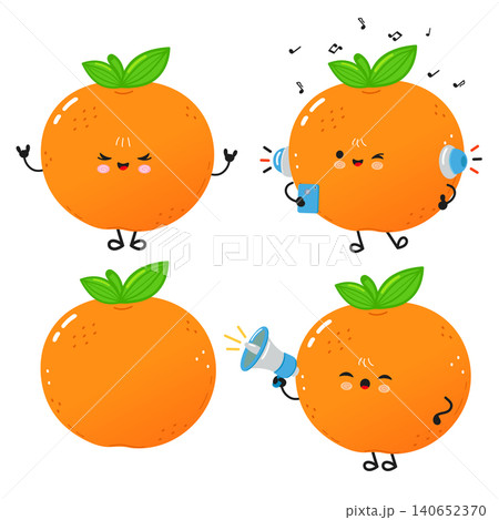 Cute orange fruit characters listening to music and speaking through megaphone Cute orange fruit characters listening to music and speaking through megaphone 140652370