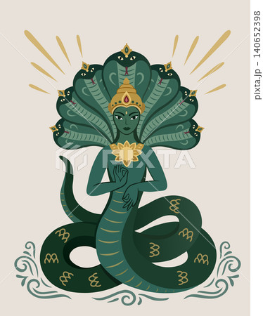 Detailed vector illustration of the naga king mucalinda, the protective serpent deity, depicted with multiple heads in a serene and powerful posture, ideal for mythology and cultural art themes Detailed vector illustration of the naga king mucalinda, the protective serpent deity, depicted with multiple heads in a serene and powerful posture, ideal for mythology and cultural art themes 140652398