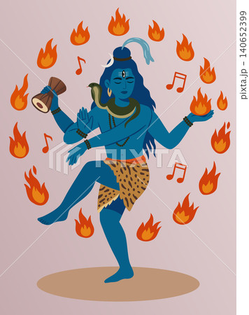 Majestic vector illustration of lord shiva as nataraja, performing the cosmic dance of creation and destruction surrounded by sacred flames and musical notes, perfect for spiritual art designs Majestic vector illustration of lord shiva as nataraja, performing the cosmic dance of creation and destruction surrounded by sacred flames and musical notes, perfect for spiritual art designs 140652399