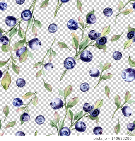 Seamless pattern of watercolor bilberry and blueberry on branches with leaf isolated. Blue forest berries for textile print and organic food wallpaper background. Fresh fruits on shrubs surface design Seamless pattern of watercolor bilberry and blueberry on branches with leaf isolated. Blue forest berries for textile print and organic food wallpaper background. Fresh fruits on shrubs surface design 140653290