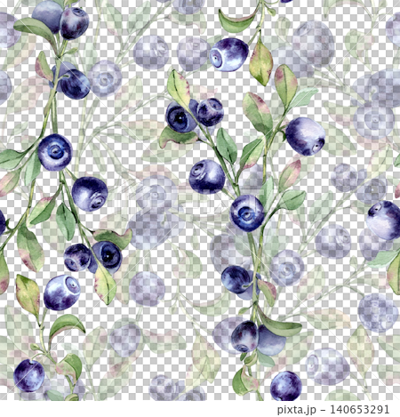 Seamless pattern with hand painted watercolor European blueberry on branch isolated. Botanical repeat illustration of bilberry plant for textile design. Natural wild forest fruit background texture. Seamless pattern with hand painted watercolor European blueberry on branch isolated. Botanical repeat illustration of bilberry plant for textile design. Natural wild forest fruit background texture. 140653291