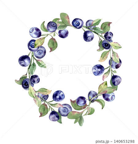 Wreath of bilberry with green leaf isolated. Watercolor illustration hand drawn of round organic blue fruit border. Blueberry natural design element for botanical card and packaging superfood. Wreath of bilberry with green leaf isolated. Watercolor illustration hand drawn of round organic blue fruit border. Blueberry natural design element for botanical card and packaging superfood. 140653298