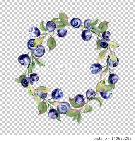 Wreath of bilberry with green leaf isolated. Watercolor illustration hand drawn of round organic blue fruit border. Blueberry natural design element for botanical card and packaging superfood. Wreath of bilberry with green leaf isolated. Watercolor illustration hand drawn of round organic blue fruit border. Blueberry natural design element for botanical card and packaging superfood. 140653298