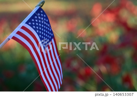 American flag waving with blurred poppy field background American flag waving with blurred poppy field background 140653307