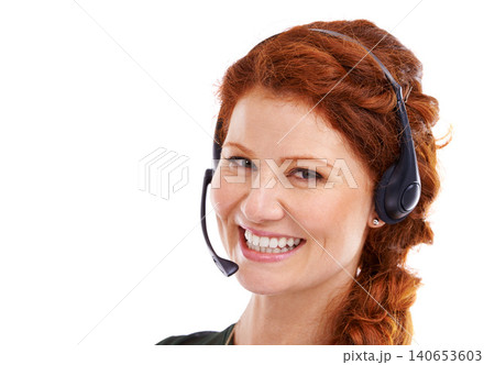 Woman, headset and receptionist portrait in studio, customer service and crm by white background. Female person, consultant and helpdesk advisor or representative, mockup space and technical support Woman, headset and receptionist portrait in studio, customer service and crm by white background. Female person, consultant and helpdesk advisor or representative, mockup space and technical support 140653603