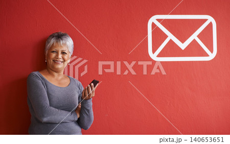 Portrait or woman, smartphone and message in mockup, notification and text on mobile for networking. Elderly person, smile and happy with cellphone for communication, connectivity and phone with tech Portrait or woman, smartphone and message in mockup, notification and text on mobile for networking. Elderly person, smile and happy with cellphone for communication, connectivity and phone with tech 140653651