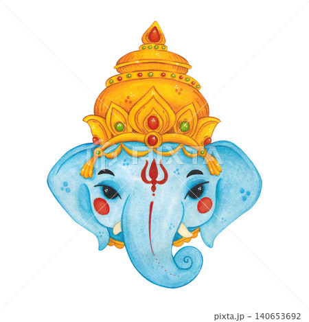 Mask of the Indian god Ganesha, hand-drawn watercolor illustration, cartoon. Design for stickers, cards, scrapbooking, and souvenirs. India, holiday, legends, history, mythology, elephant, human Mask of the Indian god Ganesha, hand-drawn watercolor illustration, cartoon. Design for stickers, cards, scrapbooking, and souvenirs. India, holiday, legends, history, mythology, elephant, human 140653692
