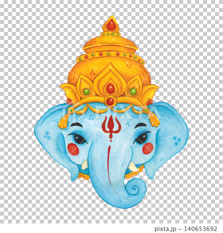 Mask of the Indian god Ganesha, hand-drawn watercolor illustration, cartoon. Design for stickers, cards, scrapbooking, and souvenirs. India, holiday, legends, history, mythology, elephant, human Mask of the Indian god Ganesha, hand-drawn watercolor illustration, cartoon. Design for stickers, cards, scrapbooking, and souvenirs. India, holiday, legends, history, mythology, elephant, human 140653692