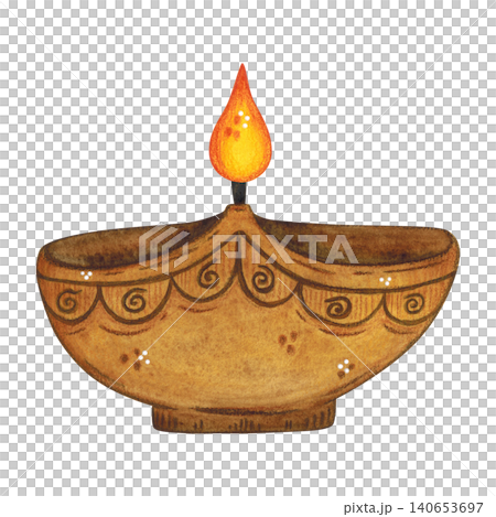 Oil lamp, hand-drawn watercolor illustration, cartoon. Design for stickers, cards, scrapbooking, and souvenirs. India, holiday, legends, festival, light, fire 140653697
