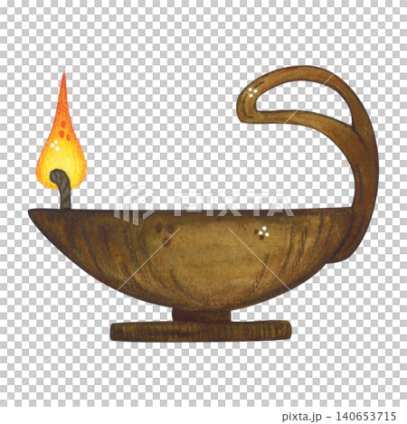 Oil lamp with a large handle, hand-drawn watercolor illustration, cartoon. Design for stickers, cards, scrapbooking, and souvenirs. India, holiday, legends, festival, light, fire Oil lamp with a large handle, hand-drawn watercolor illustration, cartoon. Design for stickers, cards, scrapbooking, and souvenirs. India, holiday, legends, festival, light, fire 140653715