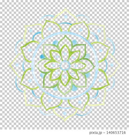 Large Indian blue-green mandala, hand-drawn watercolor illustration, cartoon. Design for stickers, cards, scrapbooking, and souvenirs. India, holiday, legends, festival, gods, drawing, ornament Large Indian blue-green mandala, hand-drawn watercolor illustration, cartoon. Design for stickers, cards, scrapbooking, and souvenirs. India, holiday, legends, festival, gods, drawing, ornament 140653716