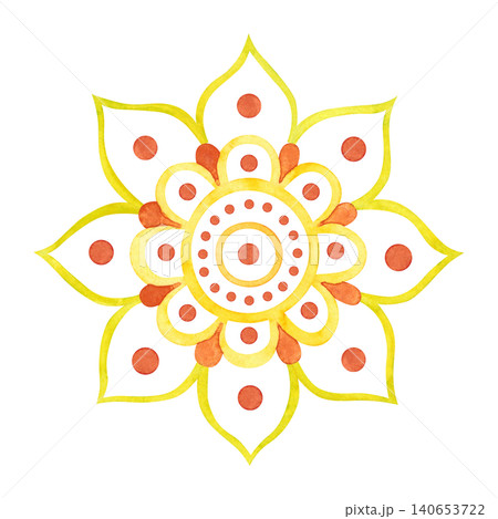 Indian mandala, hand-drawn watercolor illustration, cartoon. Design for stickers, cards, scrapbooking, souvenirs. India, holiday, legends, festival, gods, drawing, ornament Indian mandala, hand-drawn watercolor illustration, cartoon. Design for stickers, cards, scrapbooking, souvenirs. India, holiday, legends, festival, gods, drawing, ornament 140653722