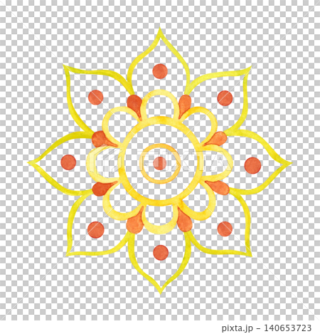 A colorful Indian mandala, hand-drawn watercolor illustration, cartoon. Design for stickers, cards, scrapbooking, and souvenirs. India, holiday, legends, festival, gods, drawing, ornament A colorful Indian mandala, hand-drawn watercolor illustration, cartoon. Design for stickers, cards, scrapbooking, and souvenirs. India, holiday, legends, festival, gods, drawing, ornament 140653723