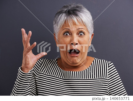 Shock, portrait and senior woman in studio with fear, scared and terror facial expression. Surprise, crazy and elderly female person with terrified or horror face isolated by black background. Shock, portrait and senior woman in studio with fear, scared and terror facial expression. Surprise, crazy and elderly female person with terrified or horror face isolated by black background. 140653771