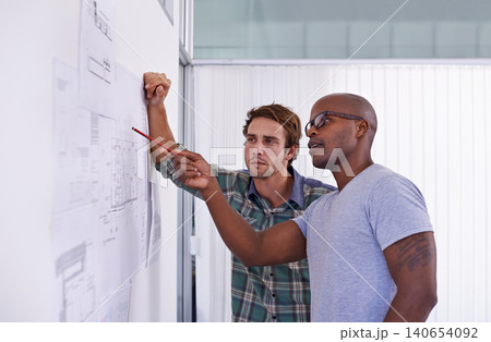 Architecture, men and teamwork with blueprint in office for building design, remodeling project and layout plan. Business people, collaboration and architect with development planning and engineering 140654092