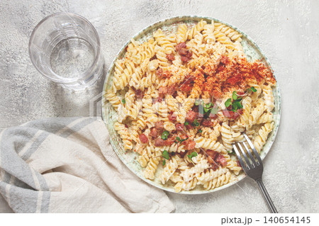 fusilli pasta with cheese and bacon, homemade, no people, fusilli pasta with cheese and bacon, homemade, no people, 140654145