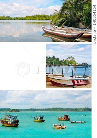 Beautiful tropical collage with traditional wooden outrigger boats parked on a calm lake mirror reflection and bright fishing vessels anchored in turquoise sea water, horizontal orientation. Beautiful tropical collage with traditional wooden outrigger boats parked on a calm lake mirror reflection and bright fishing vessels anchored in turquoise sea water, horizontal orientation. 140654154