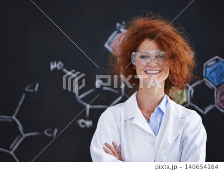 Science, chemistry and portrait of woman with chalkboard for research, education and confidence in university class. Laboratory, medical study and happy scientist at blackboard with chemical symbol 140654164