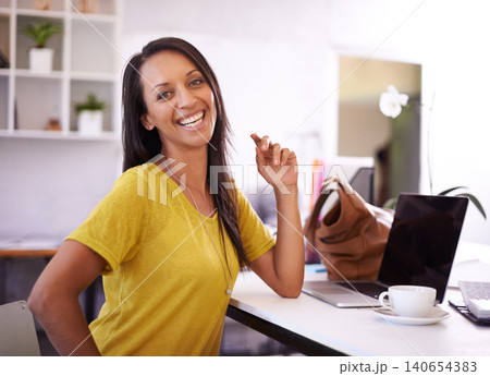 Business, woman and happy portrait in office for creative career, company break and confidence at desk. Entrepreneur, employee and face of fashion designer with smile, pride and relax at workspace Business, woman and happy portrait in office for creative career, company break and confidence at desk. Entrepreneur, employee and face of fashion designer with smile, pride and relax at workspace 140654383