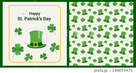 Coordinated set with greeting card template and seamless shamrock pattern in modern flat style. Great for packaging, stationery, branding systems, digital products and vector illustration collections. Coordinated set with greeting card template and seamless shamrock pattern in modern flat style. Great for packaging, stationery, branding systems, digital products and vector illustration collections. 140654473