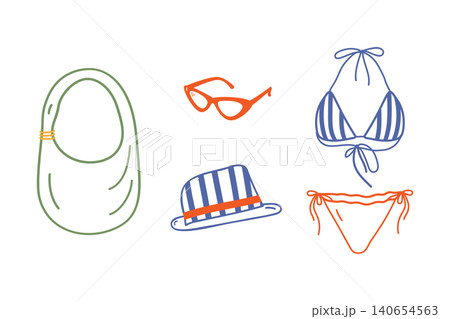 Minimalist summer icon set with bikini, sunglasses, beach bag and striped hat in modern outline style. Vector illustration suitable for branding, stickers, logo design, fashion packaging and promo Minimalist summer icon set with bikini, sunglasses, beach bag and striped hat in modern outline style. Vector illustration suitable for branding, stickers, logo design, fashion packaging and promo 140654563