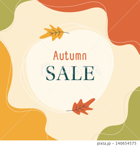 Autumn Sale Text on abstract spot decorated oak leaves and wave abstract shapes Minimal flat design. Vector illustration Seasonal offer Promo Banner, leaflet, label, price, posting or print materials 140654575