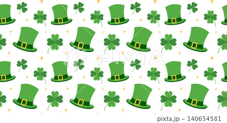 Leprechaun Hat shamrocks, quatrefoils, stars Seamless Pattern St Patrick Day Backdrop Banner format. Isolated Vector Fabric or wallpaper, wrapping paper, packaging design and seasonal merchandise, tag Leprechaun Hat shamrocks, quatrefoils, stars Seamless Pattern St Patrick Day Backdrop Banner format. Isolated Vector Fabric or wallpaper, wrapping paper, packaging design and seasonal merchandise, tag 140654581