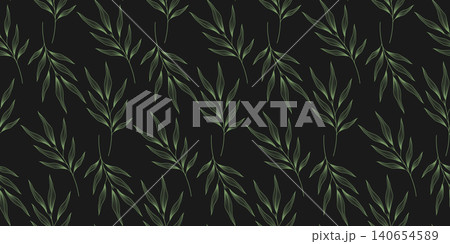 Olive twigs seamless pattern with deep green leaves Minimalist Flat botanical Mediterranean Handdrawn. Vector fabric wallpaper scrapbook paper stationery packaging design banner and social media post. 140654589