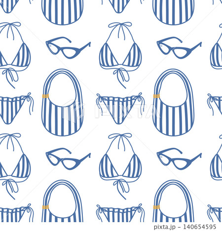 Elegant seamless pattern with striped beach accessories, bikini shapes and modern Mediterranean outline art. Vector illustration Textile print, digital paper, stationery, social media or package, tag 140654595