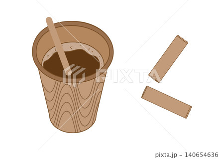 Coffee in Disposable paper cup with wavy lines pattern, stirring stick and torn sugar stick Minimal. Isolated Vector illustration sticker Icon Mood Related content media post, print or promo materials 140654636