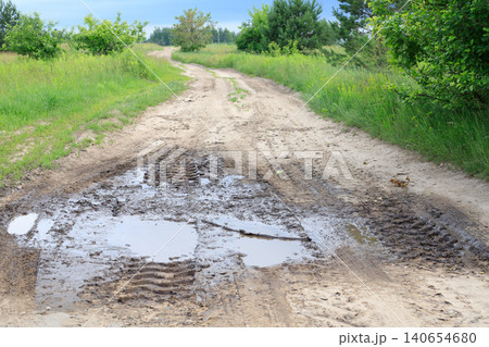 Muddy puddle with tractor tire tracks on winding dirt road, country lane lane with wet clay potholes landscape Muddy puddle with tractor tire tracks on winding dirt road, country lane lane with wet clay potholes landscape 140654680
