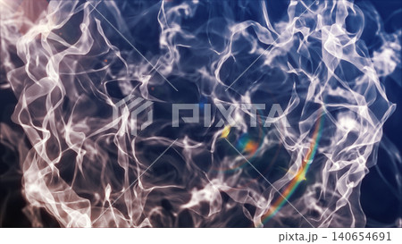 Dark blue abstract background with white smoke-like neural strands, glowing connections, and subtle rainbow lens flare. 140654691