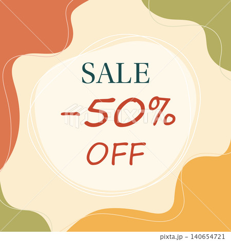 Sale fifty percent off. Square promo template with abstract shapes and text in warm autumn palette. Isolated Vector illustration Promo Banner, leaflet, label, price, posting or other print materials Sale fifty percent off. Square promo template with abstract shapes and text in warm autumn palette. Isolated Vector illustration Promo Banner, leaflet, label, price, posting or other print materials 140654721