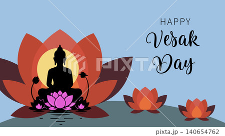 Vesak Day Greeting Banner with Buddha Silhouette and Lotus Flower. 140654762