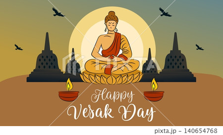 Happy Waisak Day greeting banner illustration featuring meditating Buddha, Borobudur temple, candle lamps, and spiritual atmosphere. Happy Waisak Day greeting banner illustration featuring meditating Buddha, Borobudur temple, candle lamps, and spiritual atmosphere. 140654768
