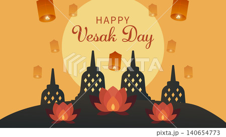 Vesak Day greeting banner featuring floating lanterns, lotus flowers, and Buddhist temple silhouette. Vesak Day greeting banner featuring floating lanterns, lotus flowers, and Buddhist temple silhouette. 140654773