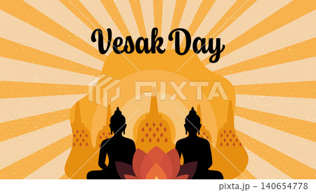 Vesak Day Greeting Banner with Buddha Silhouette and Borobudur Temple Background Vesak Day Greeting Banner with Buddha Silhouette and Borobudur Temple Background 140654778