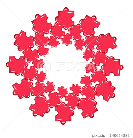Circular puzzle frame made of red glossy jigsaw pieces arranged in a dense wreath shape, vector illustration in cute cartoon style for Valentine Day cards, invitations, posters, romantic designs 140654882