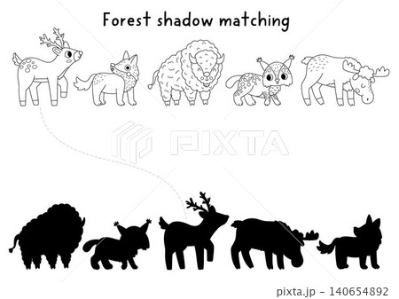 Forest black and white shadow matching activity with animals. Woodland line puzzle with deer, wolf, bison. Wildlife find correct silhouette printable worksheet, coloring page, game with lynx, elk Forest black and white shadow matching activity with animals. Woodland line puzzle with deer, wolf, bison. Wildlife find correct silhouette printable worksheet, coloring page, game with lynx, elk 140654892