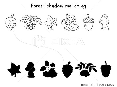 Forest black and white shadow matching activity. Woodland line puzzle with traditional plants, fruits. Wildlife find correct silhouette printable worksheet, game, coloring page with cone, acorn, leaf 140654895