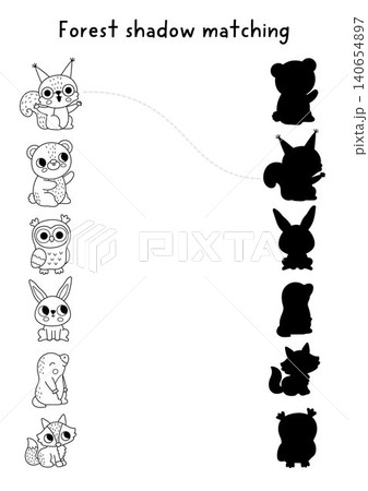 Forest black and white shadow matching activity with cute baby animals. Woodland line puzzle with little bear, squirrel, hare, cub. Wildlife find correct silhouette printable worksheet, game Forest black and white shadow matching activity with cute baby animals. Woodland line puzzle with little bear, squirrel, hare, cub. Wildlife find correct silhouette printable worksheet, game 140654897