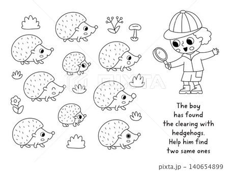 Find two same hedgehogs. Forest animals black and white matching activity. Woodland line quiz worksheet for kids. Wildlife printable game, coloring page with boy with magnifying glass Find two same hedgehogs. Forest animals black and white matching activity. Woodland line quiz worksheet for kids. Wildlife printable game, coloring page with boy with magnifying glass 140654899