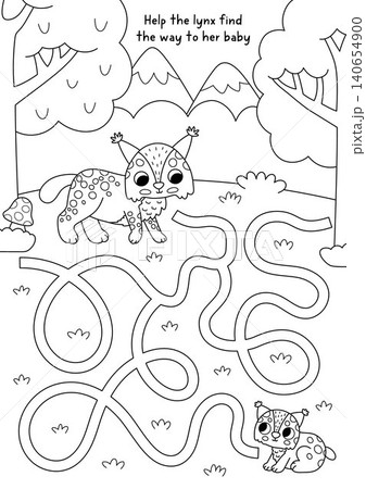 Forest animals black and white maze for children with nature scene, mother lynx searching baby. Line labyrinth game. Simple woodland printable activity, worksheet, coloring page with trees Forest animals black and white maze for children with nature scene, mother lynx searching baby. Line labyrinth game. Simple woodland printable activity, worksheet, coloring page with trees 140654900
